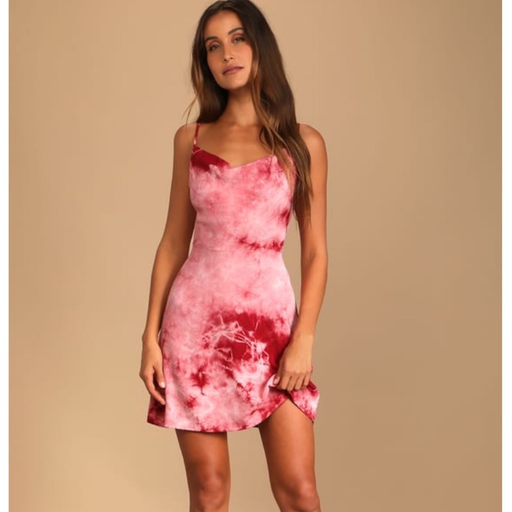 Seeking Sunshine Burgundy Tie-Dye Cowl Neck Mini Slip Dress